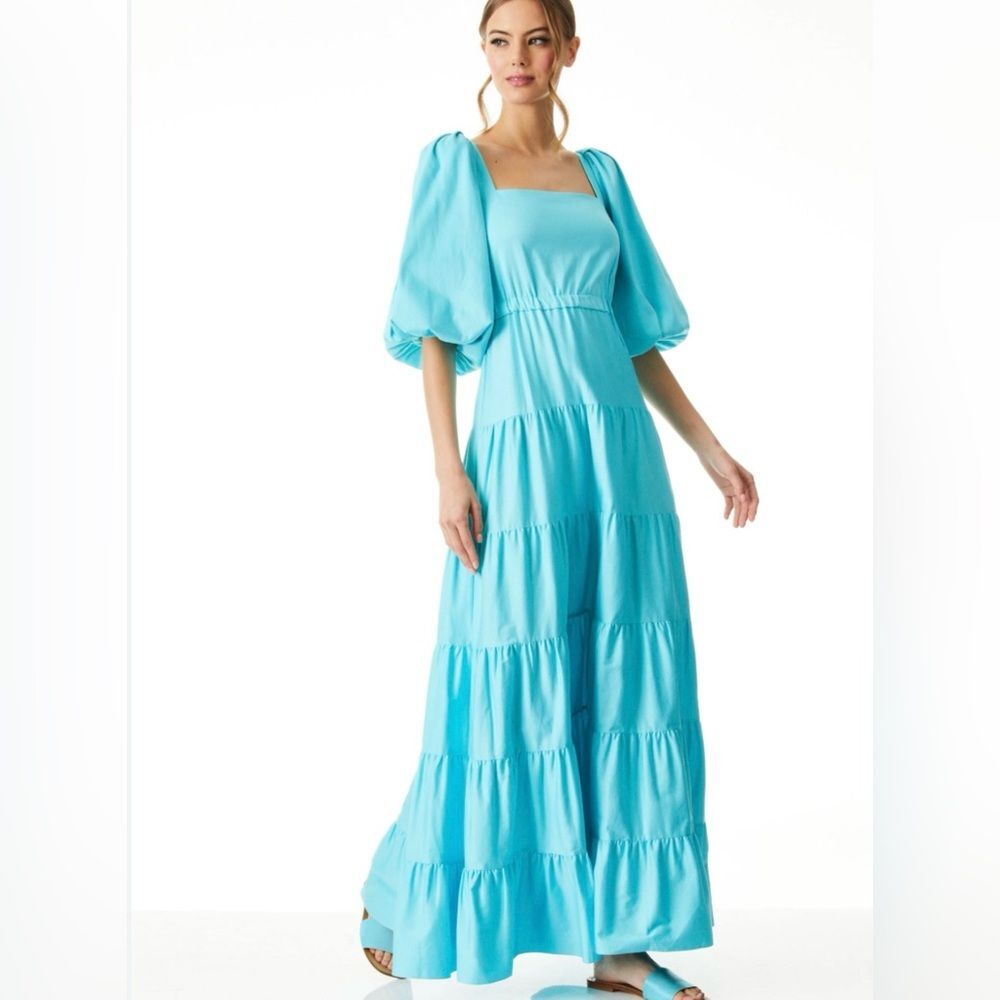 Alice + Olivia Turquoise Puff-Sleeve Tiered Maxi Dress